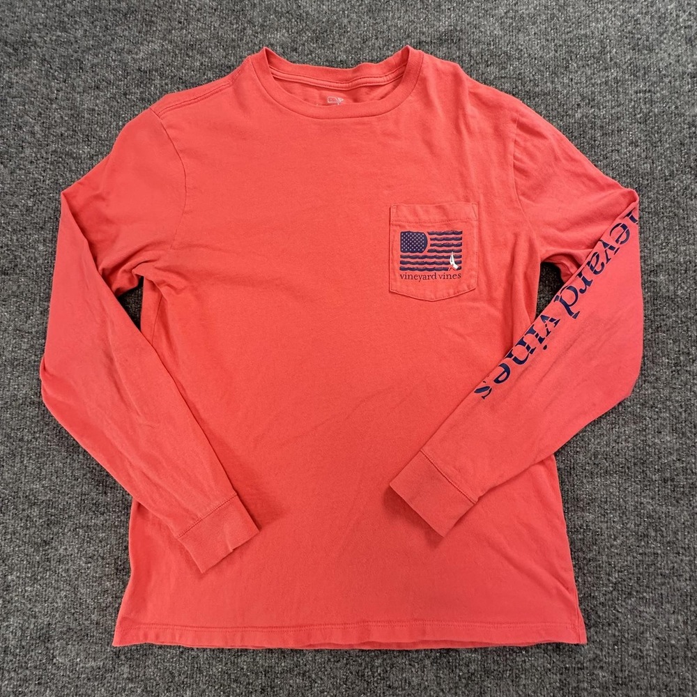 Vineyard Vines Mens Small Coral Red American Flag Long Sleeve Pocket T-Shirt 232
